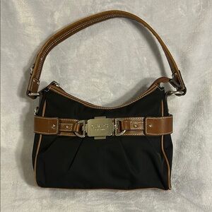 CHAPS Black and Brown Shoulder Bag with Silver Toned Buckle
